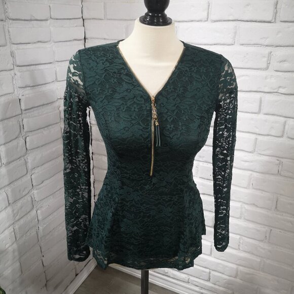 Suzy Shier Tops - Suzy Shier Ladies Size XS Dark Green Long Sleeves Fitted at Waist Lace Blouse